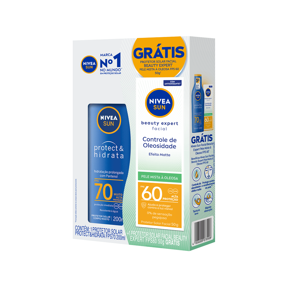Kit Protetor Solar Nivea Sun Proteção e Hidratação FPS70 200ml + Protetor Solar Facial Nivea Beauty Expert FPS60 50g