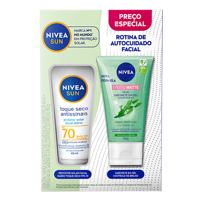 Kit Nivea Protetor Solar Facial FPS 70 Toque Seco Antissinais 40ml + Sabonete em Gel Efeito Matte 150g