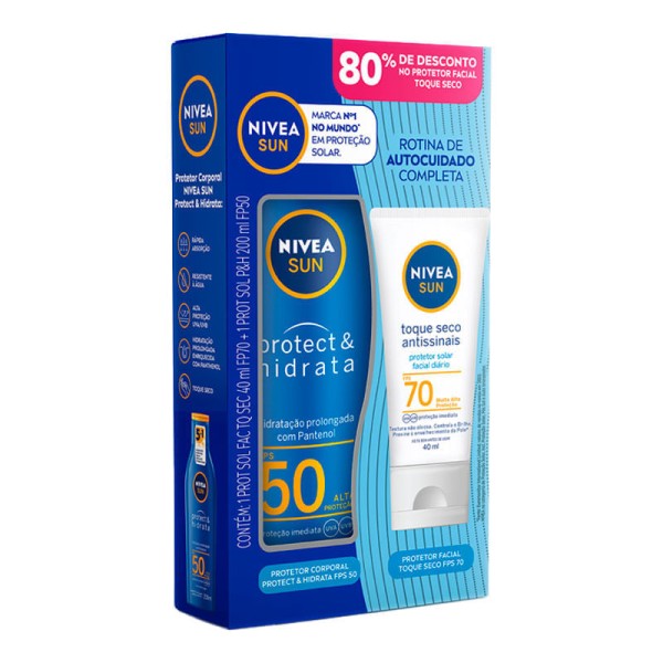Encontraproduto.com.br - Kit Protetor Solar Corporal Nivea Sun Protect & Hidrata FPS50 200ml + Protetor Solar Facial Nívea Sun Antissinais FPS70 40ml