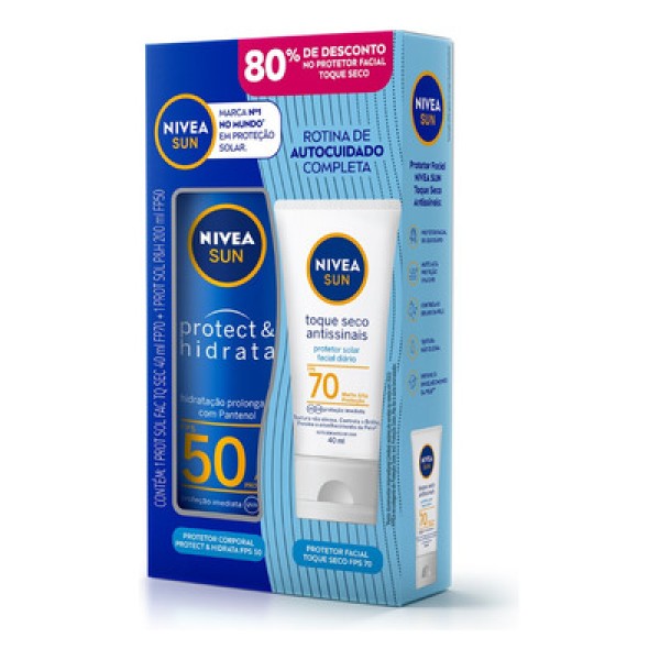 Encontraproduto.com.br - Kit Protetor Solar Corporal Nivea Sun Protect & Hidrata FPS50 200ml + Protetor Solar Facial Nívea Sun Antissinais FPS70 40ml