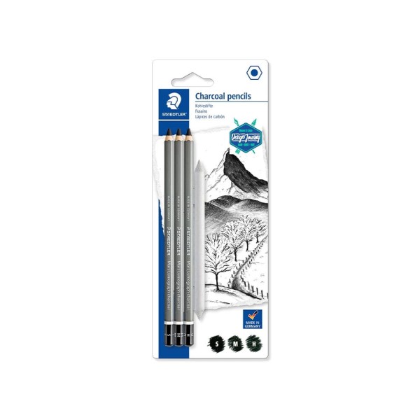 Encontraproduto.com.br - Lápis Carvão Técnico Staedtler Mars Lumograph Charcoal 03 Unidades Mais Esfuminho