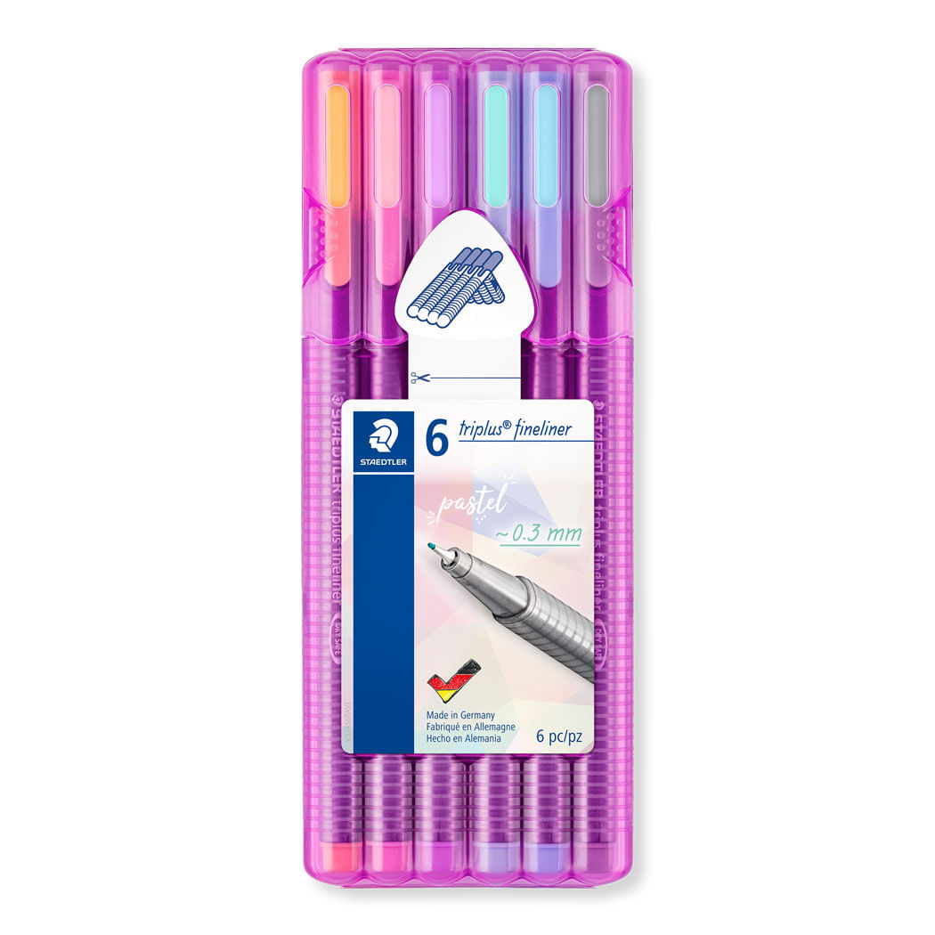 Encontraproduto.com.br - Caneta Triplus Fineliner 334 Pastel 0.3mm em Formato Triangular Estojo c/ 6 cores Staedtler