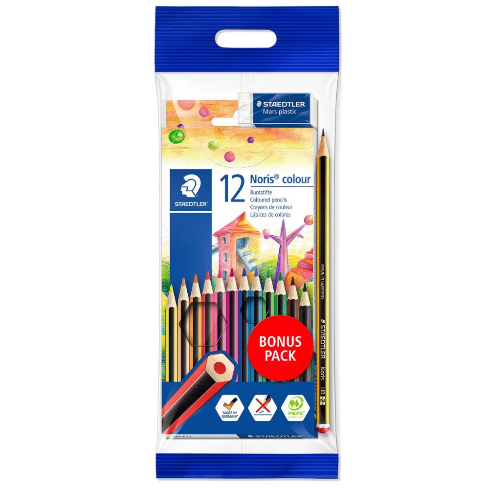 Encontraproduto.com.br - Lápis de Cor Noris Colour 185 c/ 12 Cores + Lápis e Borracha Staedtler