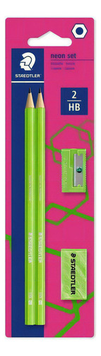 Kit Escrita Staedtler Neon Verde com 2 Lápis Grafites Wopex, 1 Borracha e 1 Apontador Basic