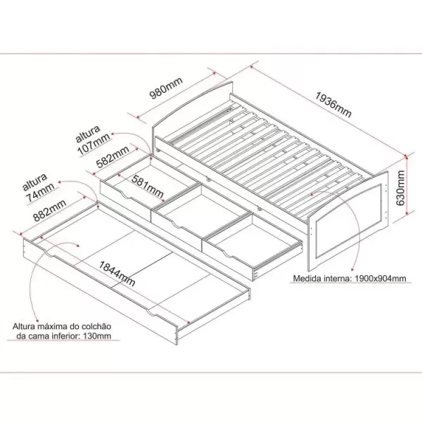 Encontraproduto.com.br - Bicama Solteiro 3 Gavetas em Madeira Maciça Ulli Natural/Branco