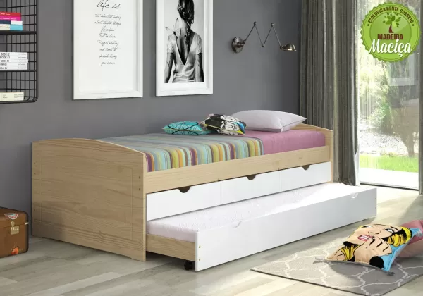 Encontraproduto.com.br - Bicama Solteiro 3 Gavetas em Madeira Maciça Ulli Natural/Branco