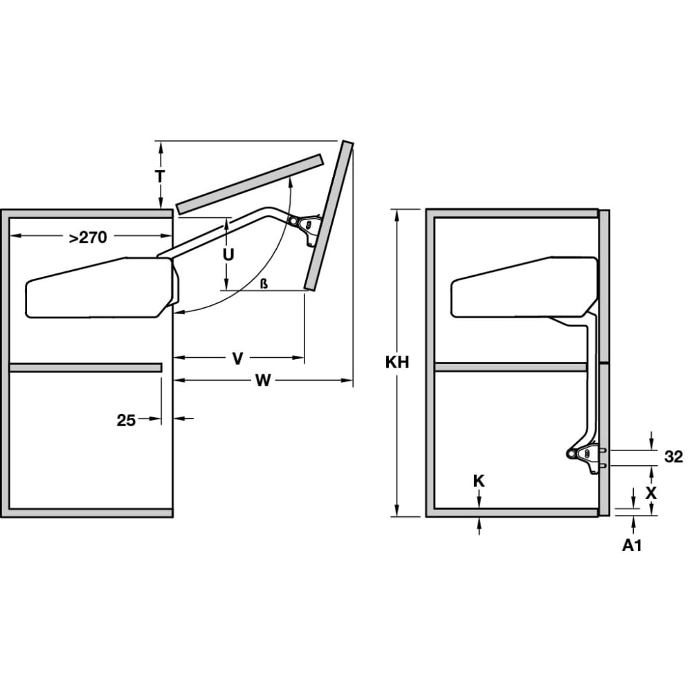 Encontraproduto.com.br - Articulador Free Fold 960-1.010mm | 6,5 a 12,8 Kg para Portas com Duas Folhas Iguais Hafele