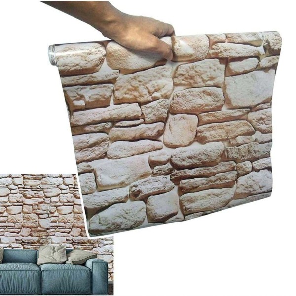 Encontraproduto.com.br - Papel De Parede Autoadesivo Vinilico Canjiquinha Pedra Rolo Lavavel Fosco Marrom Claro