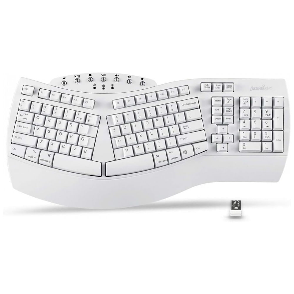 Encontraproduto.com.br - Teclado Ergonômico Dividido Sem Fio Recarregável Reduz a Tensão das Mãos com Descanso de Pulso, PERIXX 11615, Branco