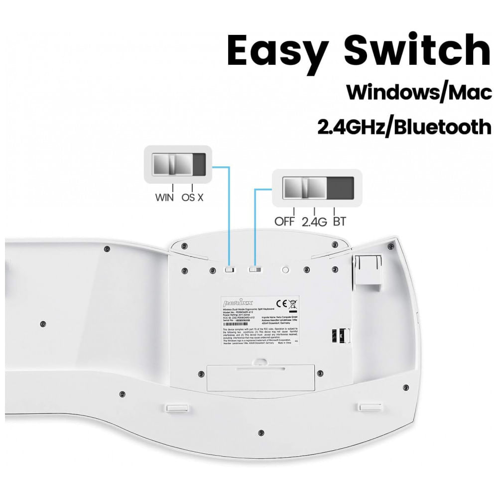 Encontraproduto.com.br - Teclado Ergonômico Dividido Sem Fio Recarregável Reduz a Tensão das Mãos com Descanso de Pulso, PERIXX 11615, Branco
