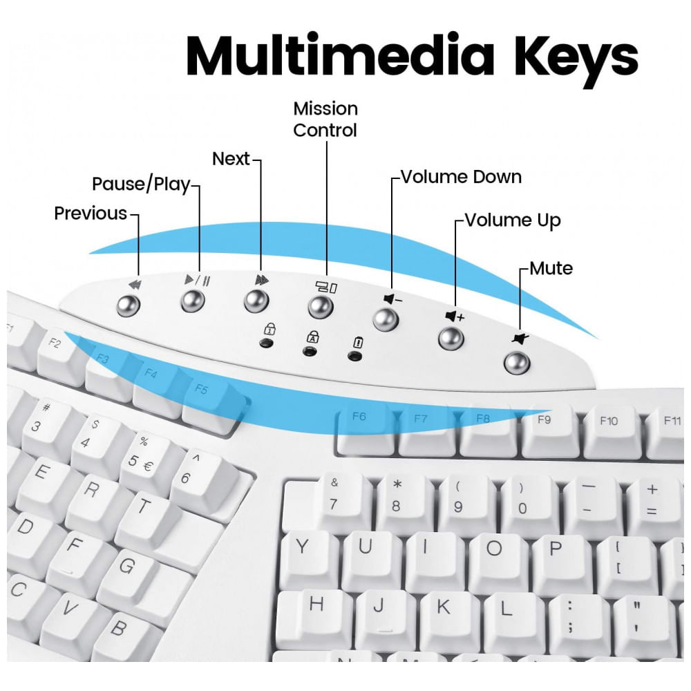 Encontraproduto.com.br - Teclado Ergonômico Dividido Sem Fio Recarregável Reduz a Tensão das Mãos com Descanso de Pulso, PERIXX 11615, Branco