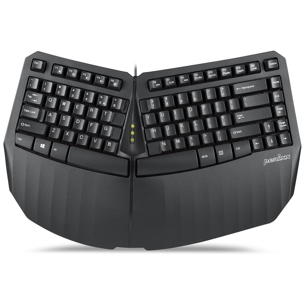 Teclado Ergonômico Dividido com Fio Recarregável Reduz a Tensão das Mãos, PERIXX 11798, Preto