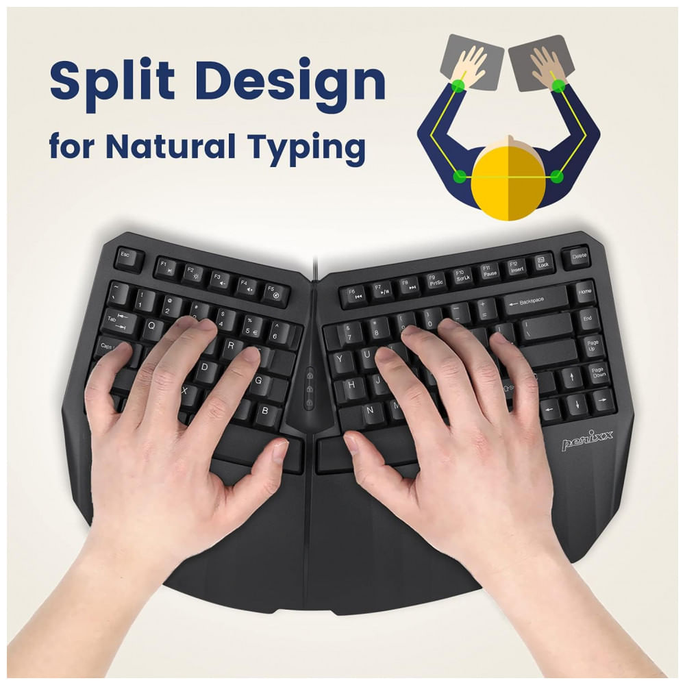 Encontraproduto.com.br - Teclado Ergonômico Dividido com Fio Recarregável Reduz a Tensão das Mãos, PERIXX 11798, Preto