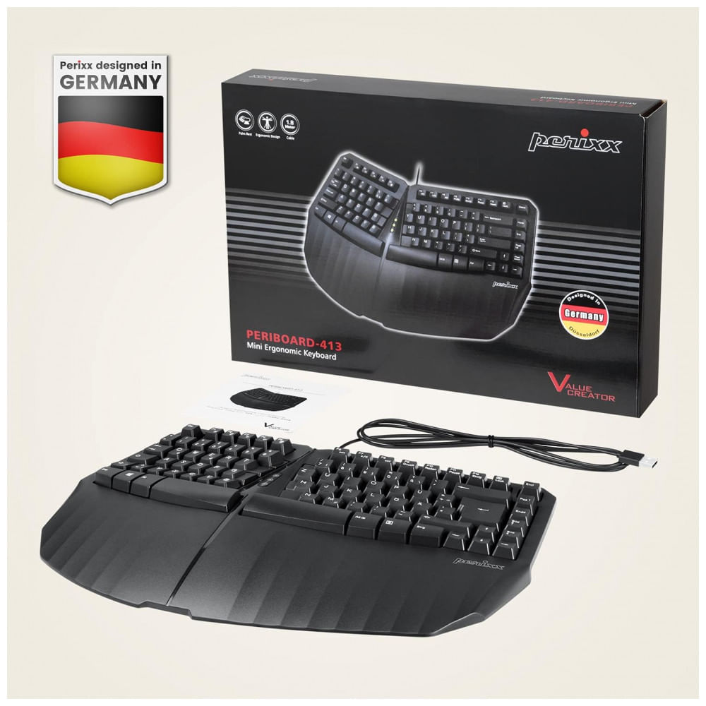 Encontraproduto.com.br - Teclado Ergonômico Dividido com Fio Recarregável Reduz a Tensão das Mãos, PERIXX 11798, Preto