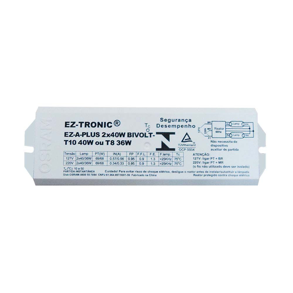 Reator eletrônico bivolt para 2 lâmpadas 40W Eza 8294 Osram