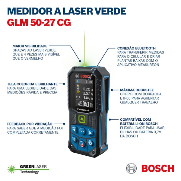 Encontraproduto.com.br - Trena a laser verde com Bluetooth GLM 50-27 CG Bosch