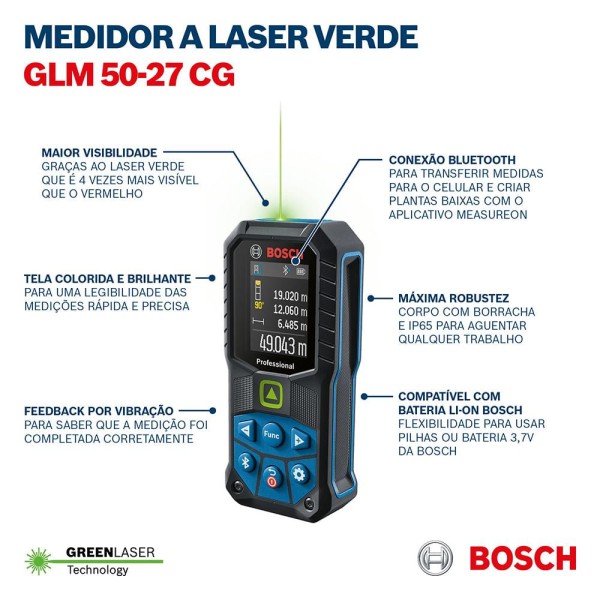 Encontraproduto.com.br - Trena a laser verde com Bluetooth GLM 50-27 CG Bosch