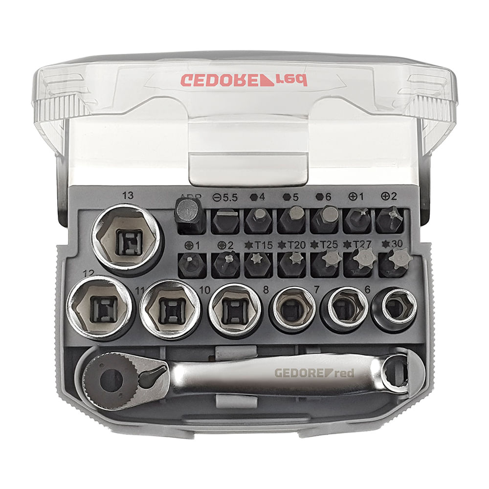 Encontraproduto.com.br - Jogo de Pontas e Soquetes Sextavados com 23 Peças Gedore Red R49005023