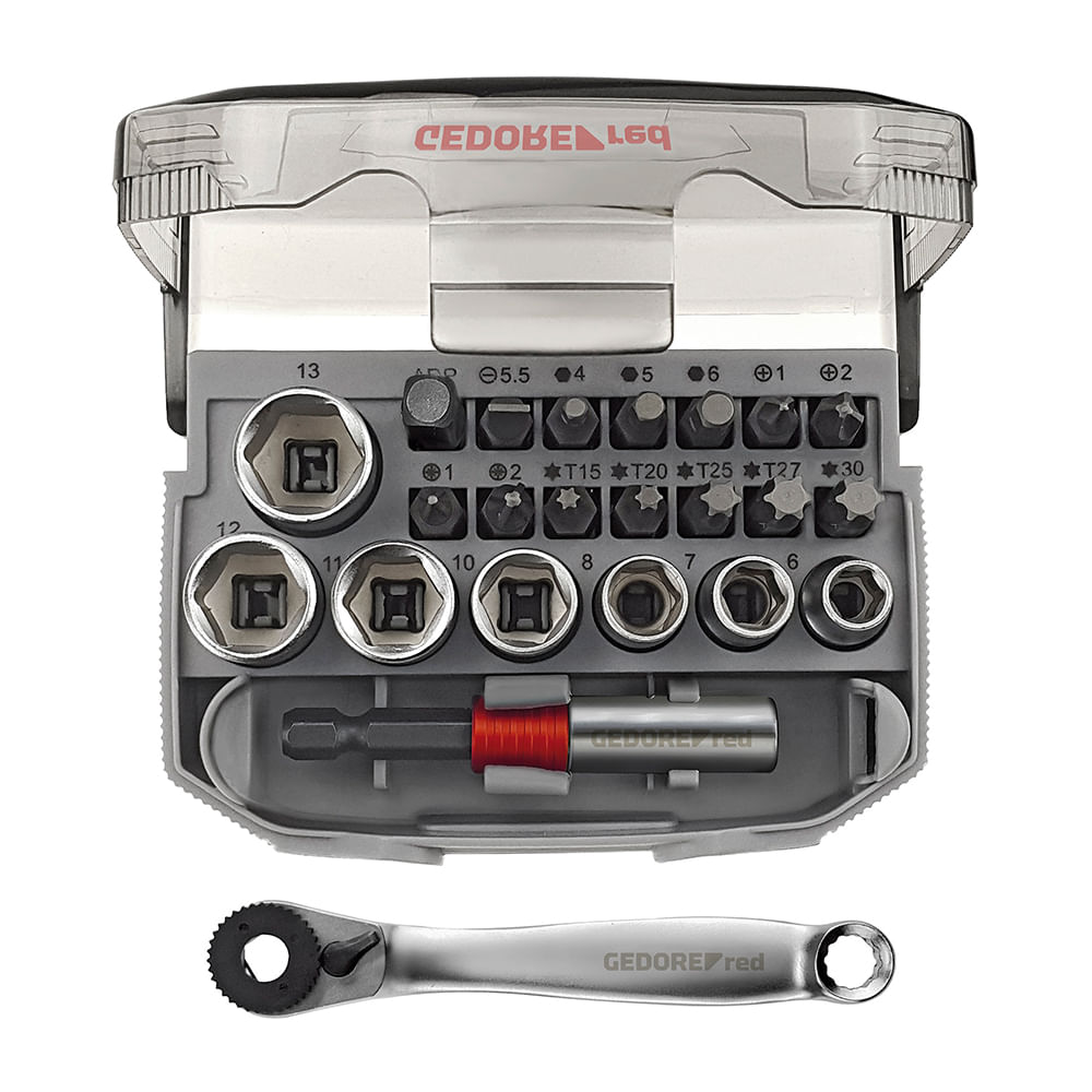 Encontraproduto.com.br - Jogo de Pontas e Soquetes Sextavados com 23 Peças Gedore Red R49005023