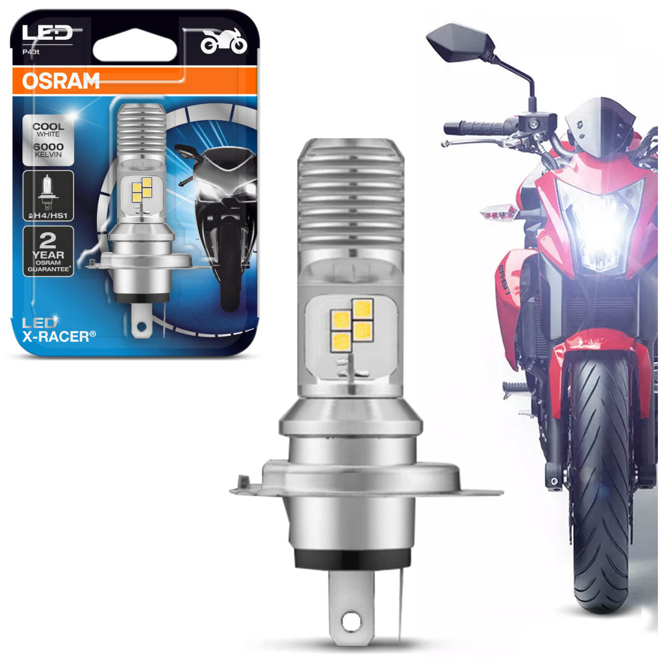 Encontraproduto.com.br - Lâmpada LED Osram H4/HS1 X-Racer 6000K 12V 25W 1000 Lúmens Moto