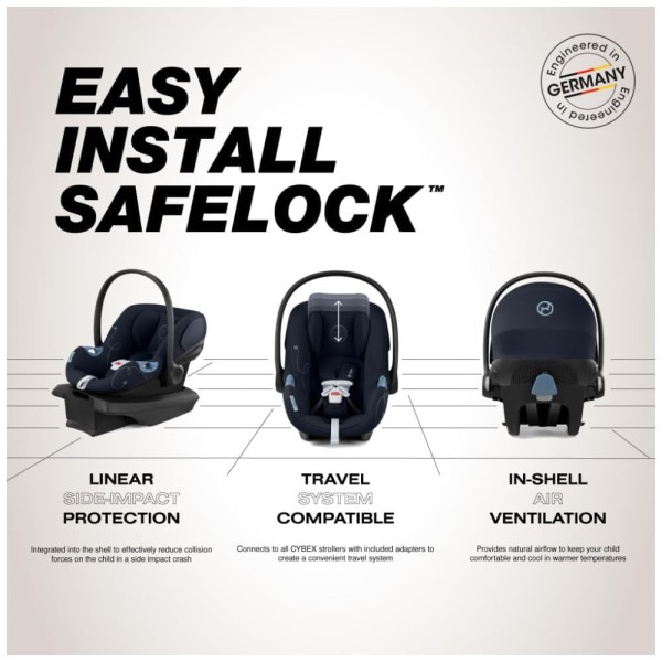 Encontraproduto.com.br - Cadeira de Bebe para Carro com Proteção Linear Contra Impactos Laterais, Apoio de Cabeça Ajustável em 11 Posições e Base Safelock, Cybex Aton G, Azul