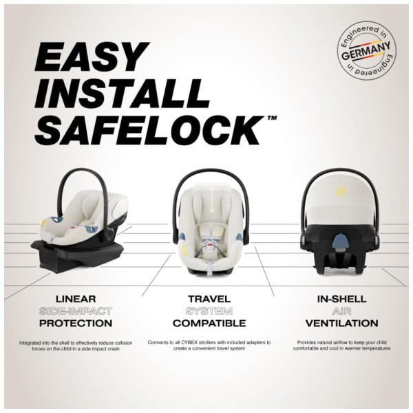Encontraproduto.com.br - Cadeira de Bebe para Carro com Proteção Linear Contra Impactos Laterais, Apoio de Cabeça Ajustável em 11 Posições e Base Safelock, Cybex Aton G, Bege