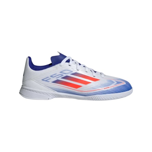 Encontraproduto.com.br - Chuteira Futsal Adidas F50 League Infantil - Branca/Azul