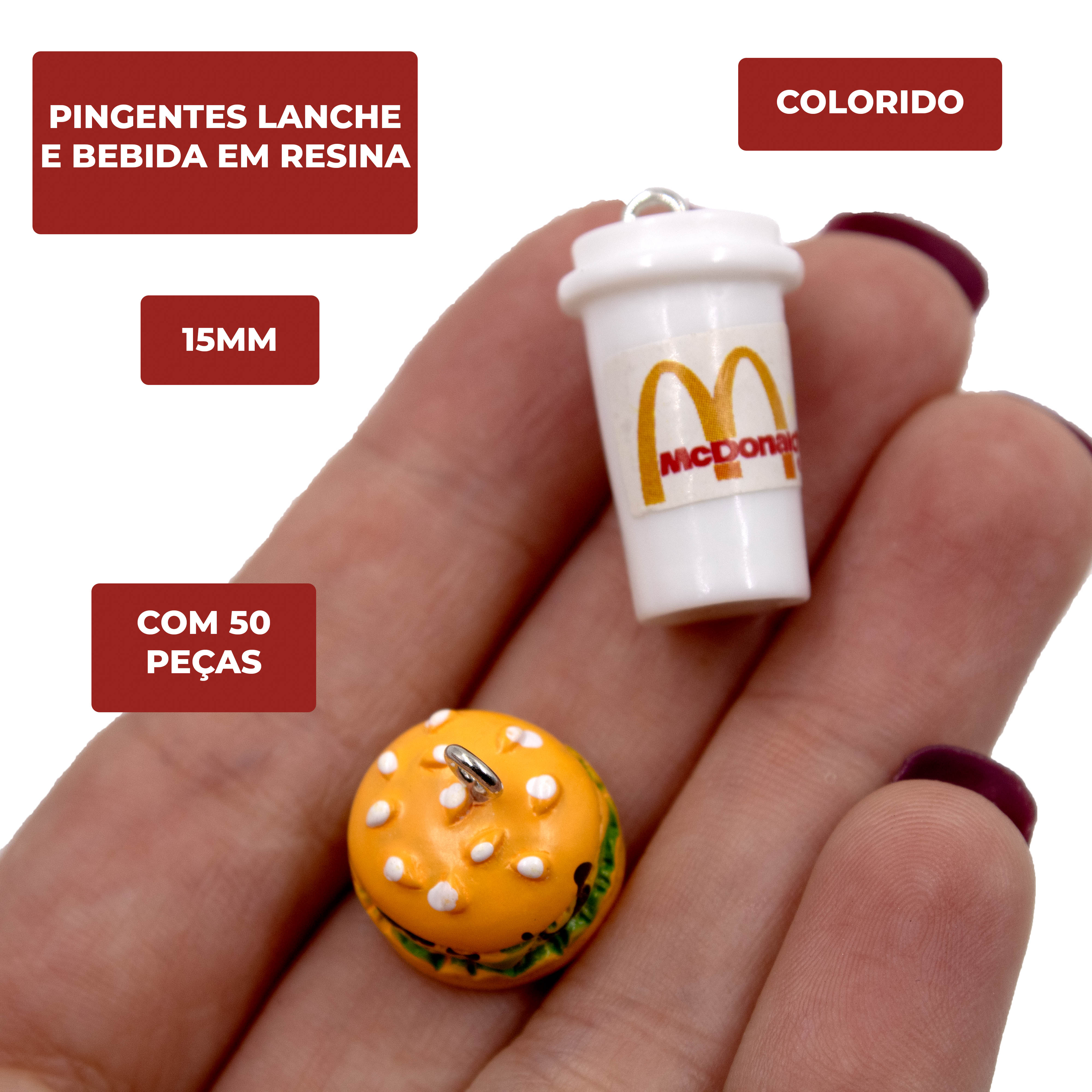 Encontraproduto.com.br - PINGENTE LANCHE E BEBIDA 15MM EM RESINA COM 50 PEÇAS