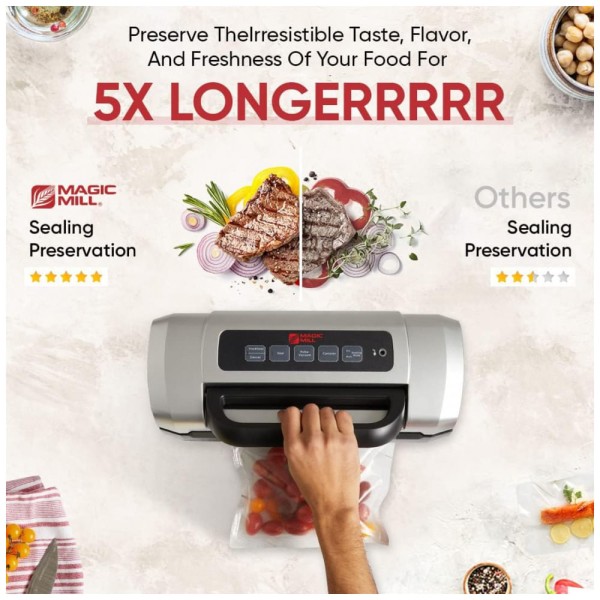 Encontraproduto.com.br - Seladora a Vácuo Automática para Alimentos Secos e Úmidos com Cortador e Sacos de Selagem, 110V, Magic Mill, Prata