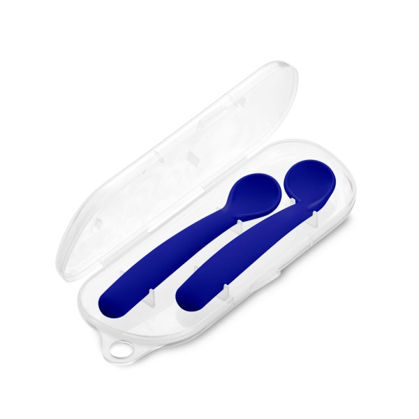 Encontraproduto.com.br - Kit Duas Colheres Silicone First Bites no Case Higiênico Azul Fisher Price - BB1045OUT [Reembalado]