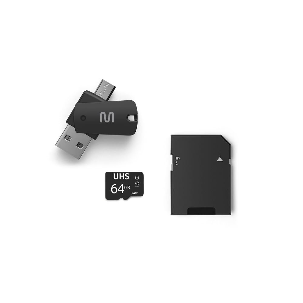 Encontraproduto.com.br - Kit 4 em 1 Cartão de Memória com Adaptador USB Dual Drive e Adaptador SD 64GB Multi - MC152OUT [Reembalado]