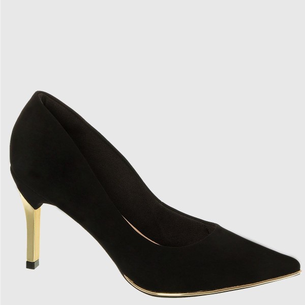 Encontraproduto.com.br - Scarpin Preto Bico Fino Com Salto Alto Dourado