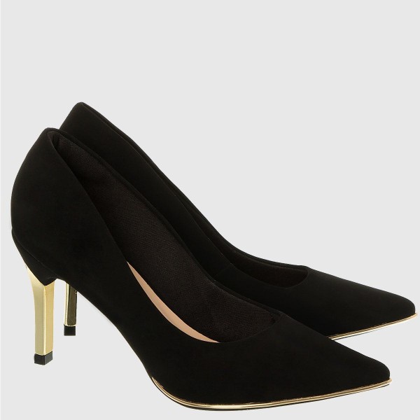 Encontraproduto.com.br - Scarpin Preto Bico Fino Com Salto Alto Dourado