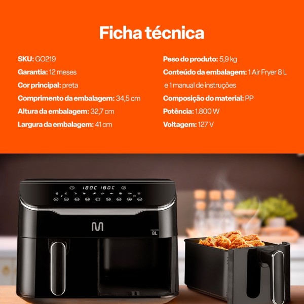 Encontraproduto.com.br - Air Fryer 8L Preta c/ 2 Gavetas 2500w-220v Multi - GO220OUT [Remanufaturado com garantia]