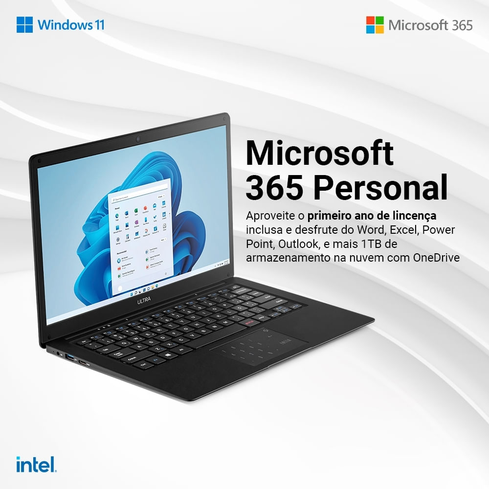 Encontraproduto.com.br - Notebook, Windows 11 Home, Intel Celeron 4GB 120GB SSD 14,1 Pol. HD, Preto + Microsoft 365 Personal + 1TB na Nuvem Ultra - UB235OUT [Reembalado]