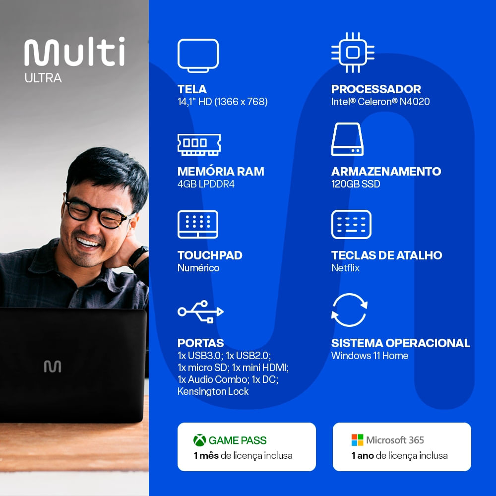 Encontraproduto.com.br - Notebook, Windows 11 Home, Intel Celeron 4GB 120GB SSD 14,1 Pol. HD, Preto + Microsoft 365 Personal + 1TB na Nuvem Ultra - UB235OUT [Reembalado]