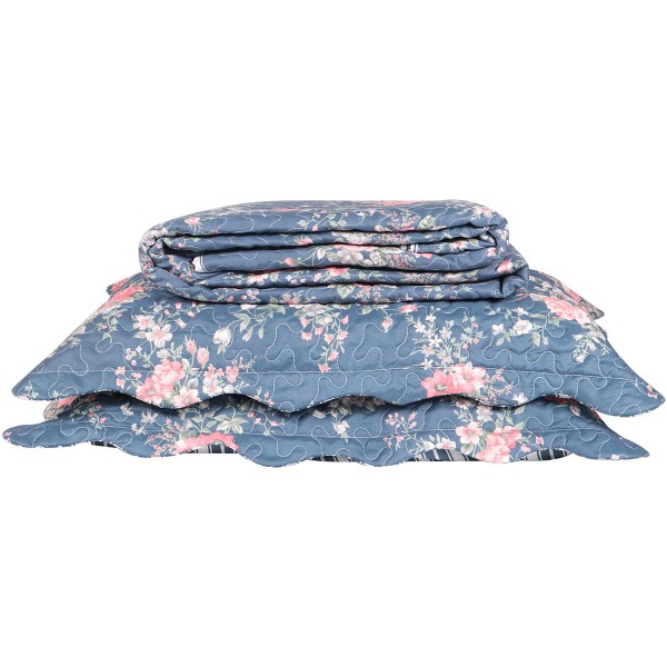 Conjunto De Colcha Casal Boutis Matelada Estampa Floral Azul Jeans