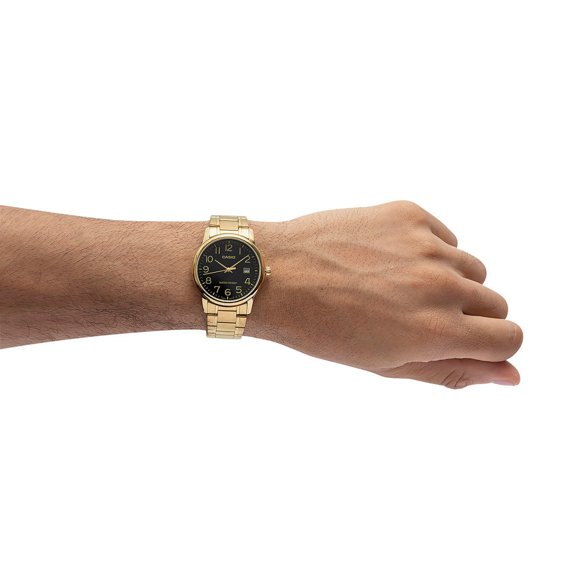 Encontraproduto.com.br - Relógio De Pulso Casio Mtp-v002 Com Corria De Aço Inoxidável Cor Dourado - Fondo Preto