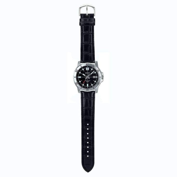 Encontraproduto.com.br - Relógio Casio Masculino Collection Couro Mtp-vd01l-1evudf-br Correia Preto Bisel Prateado Fundo Preto