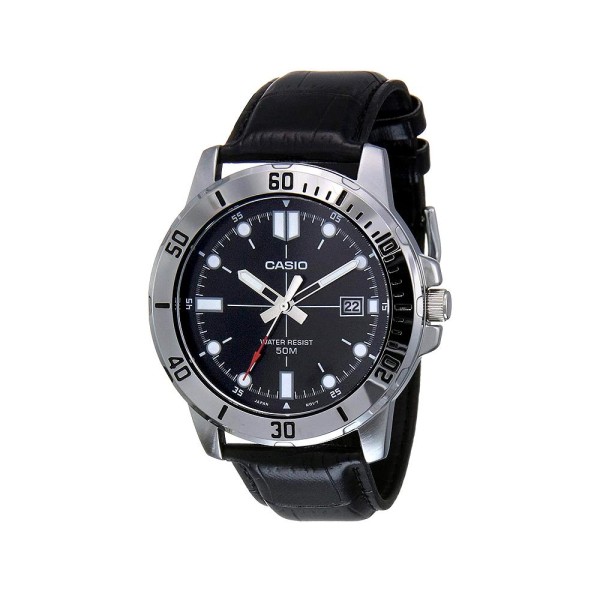 Encontraproduto.com.br - Relógio Casio Masculino Collection Couro Mtp-vd01l-1evudf-br Correia Preto Bisel Prateado Fundo Preto