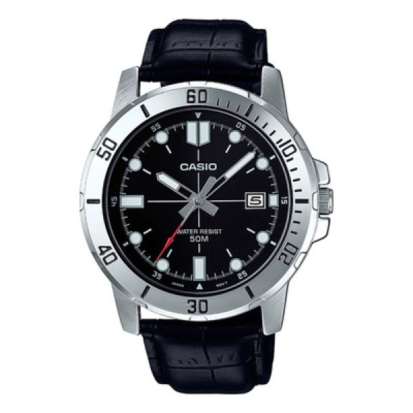 Encontraproduto.com.br - Relógio Casio Masculino Collection Couro Mtp-vd01l-1evudf-br Correia Preto Bisel Prateado Fundo Preto