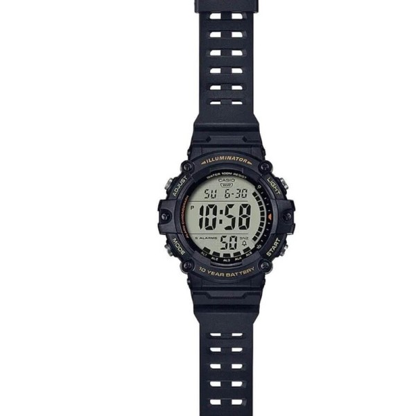 Encontraproduto.com.br - Relógio de pulso Casio AE-1500 com corria de resina cor preto - fondo cinza - bisel preto/amarelo