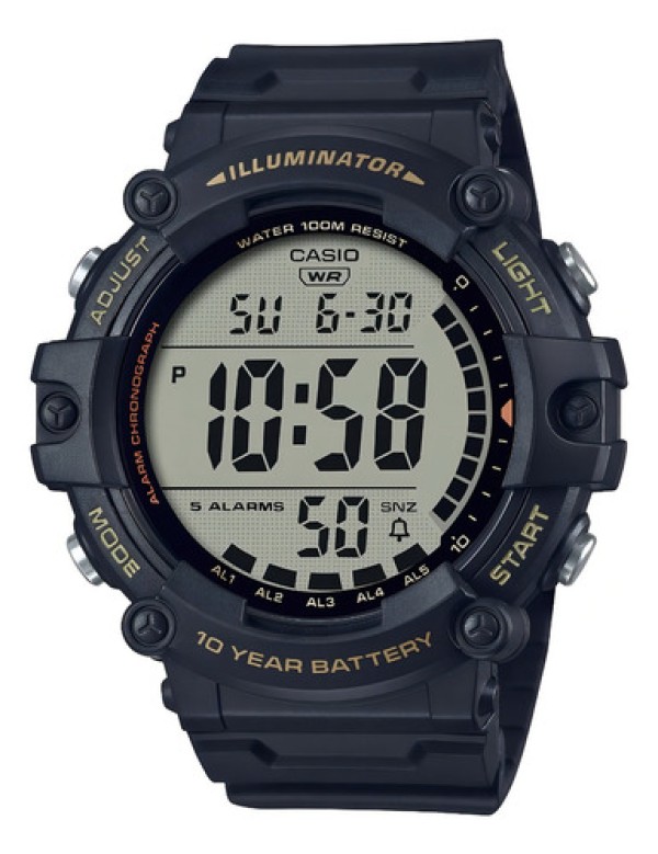 Encontraproduto.com.br - Relógio de pulso Casio AE-1500 com corria de resina cor preto - fondo cinza - bisel preto/amarelo