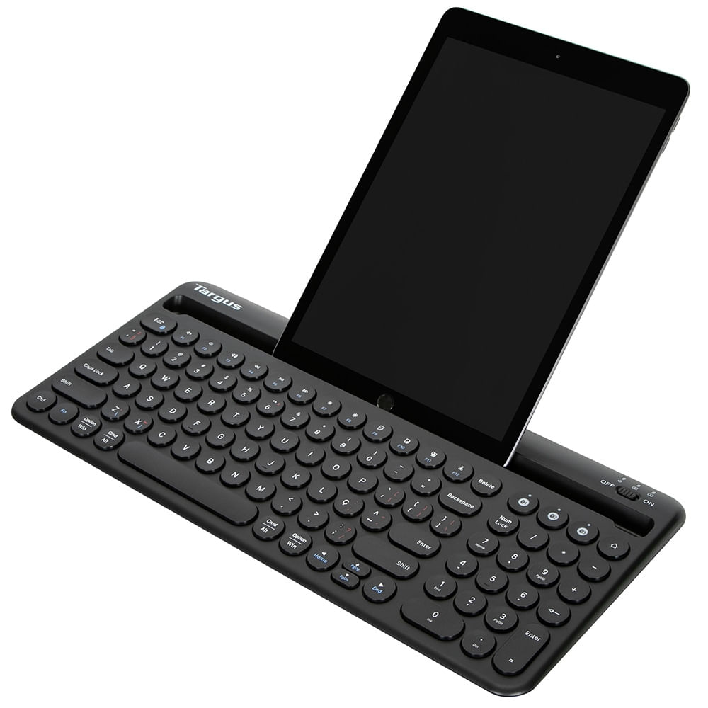 Encontraproduto.com.br - Teclado Sem Fio Apoio Para Tablet Antimicrobiano Dual Mode Bluetooth 5.1 até 3 Dispositivos Targus - AKB867OUT [Reembalado]