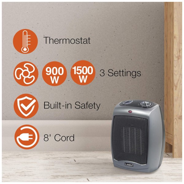 Encontraproduto.com.br - Aquecedor Cerâmico Portátil com Interruptor de Segurança de Ponta, 1500W, 110V, LASKO 754201, Cinza
