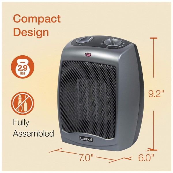 Encontraproduto.com.br - Aquecedor Cerâmico Portátil com Interruptor de Segurança de Ponta, 1500W, 110V, LASKO 754201, Cinza