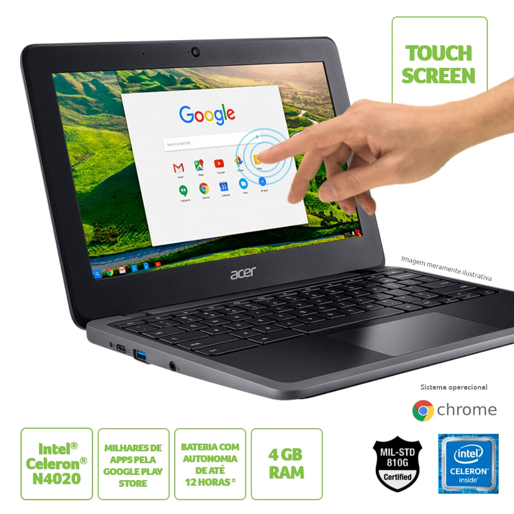 Encontraproduto.com.br - Chromebook Acer C733T-C1YK Intel Celeron Chrome OS 4GB 32GB eMMC 11.6