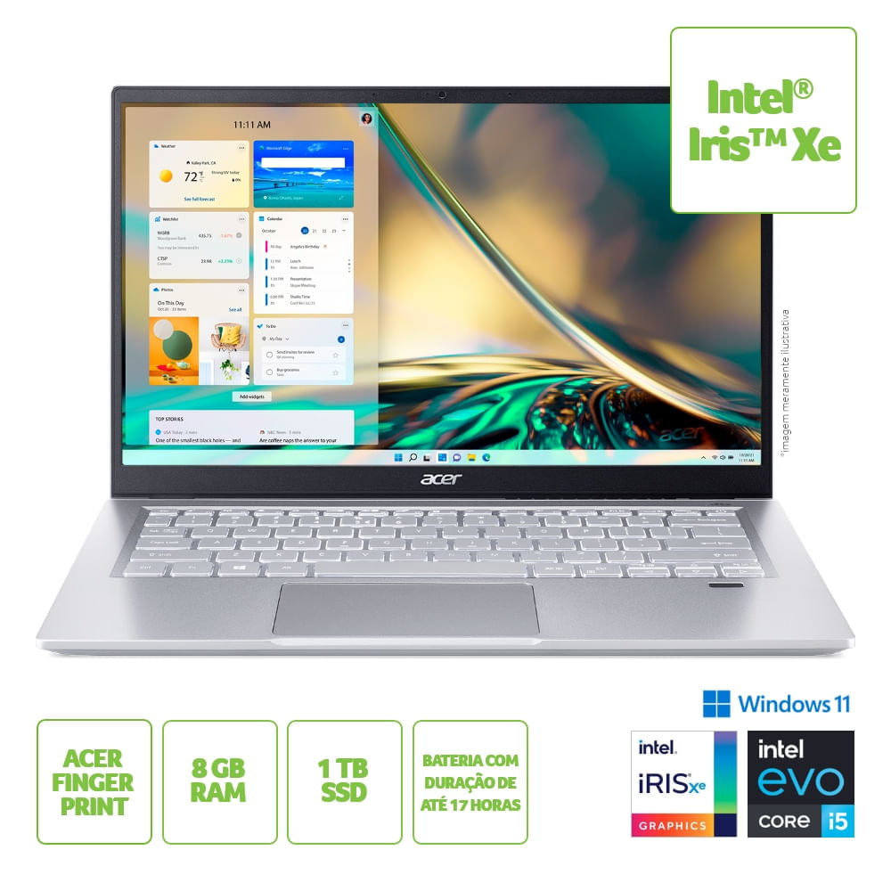 Notebook Acer Swift 3 SF314-511-561N EVO Ultrafino Intel i5 Windows 11 8GB 1TB SSD 14