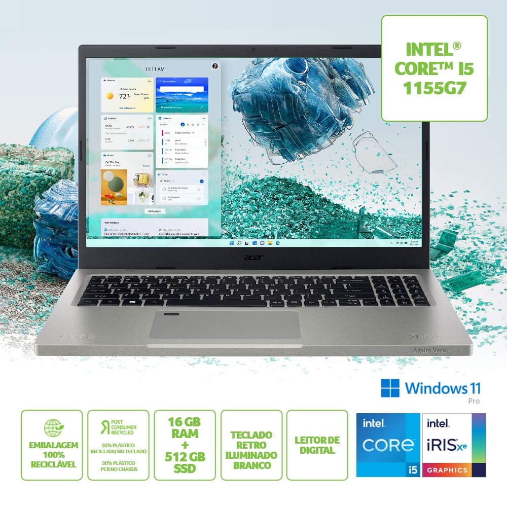 Encontraproduto.com.br - Notebook Acer Aspire Vero, Intel® Core™ i5-1155G7, 16GB, 512GB SSD, Tela 15.6