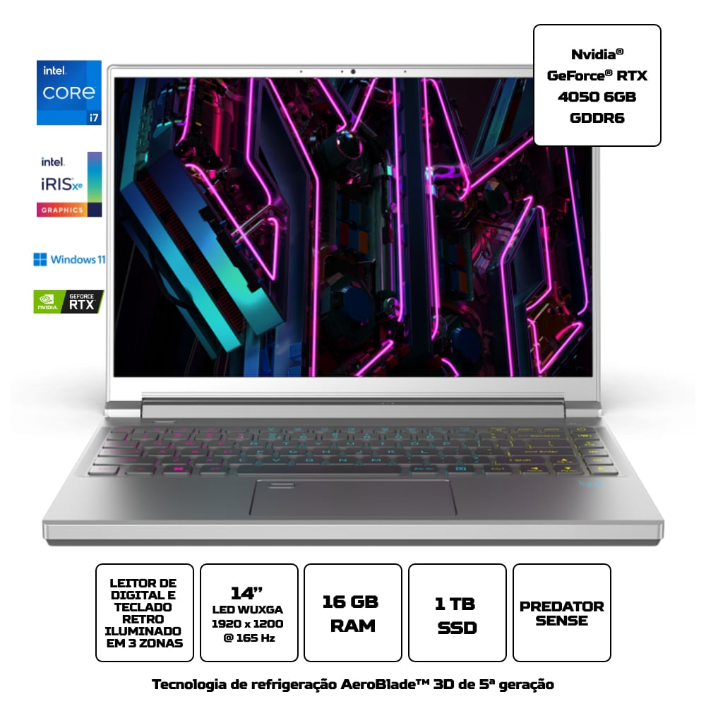 Encontraproduto.com.br - Notebook Acer Predator Triton PT14-51-75GW Core i7 13ª G. Windows 11 Home RTX4050 16GB 1TB 14